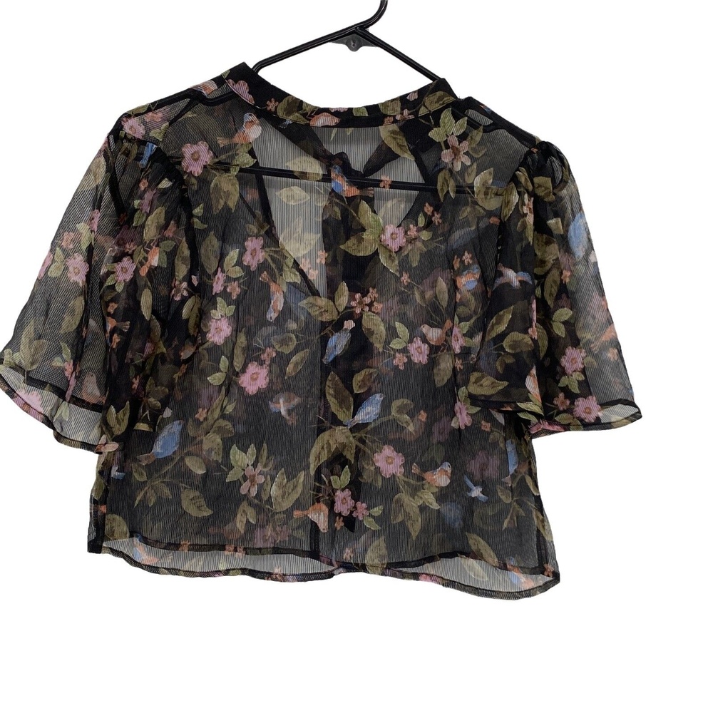 Forever 21 Womens Black Floral Tie Neck Short Sleeve Cropped Blouse Top Size S
